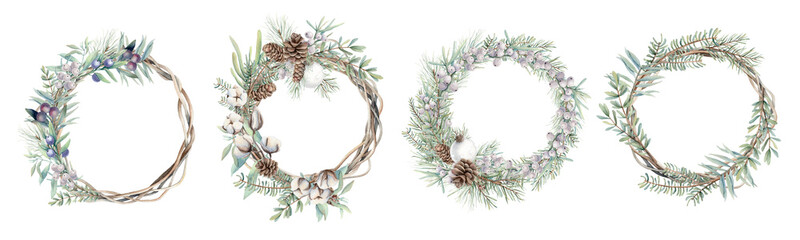 Naklejka premium Watercolor set of Christmas wreathes. Spruce branches, pine needles. Hand painted holiday symbols isolated on white background. Seasonal trendy illustration for design or print.
