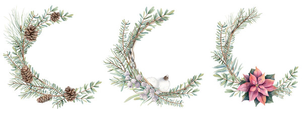 Watercolor set of Christmas wreathes. Spruce branches, pine needles. Hand painted holiday symbols isolated on white background. Seasonal trendy illustration for design or print.