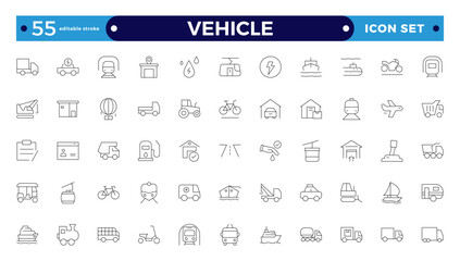 Vehicle outline icon set. Shipping And Courier icon. Containing order tracking, delivery home, warehouse, truck, scooter, courier Sea Air, Date, Return Search Parcel. Editable stroke outline icon.  