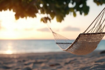 Man relaxing in a hammock at sunset, beach background, stress relief, photorealistic, depth of field, enjoying the peaceful serenity.