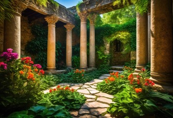 Naklejka premium majestic pillars framing vibrant outdoor space lush greenery colorful flora, architecture, design, structure, area, garden, landscape, nature, sunlight