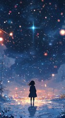 Obraz premium Glittering Starry Night on Snow: anime-style Enchanted Winter Wonderland for Seasonal Marketing, Game Design, and Festive Celebrations,Anime-Style,illustration,Picture BooksFor Poster,Novel,UI,WEB,Gam