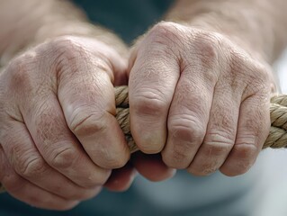 Fototapeta premium Close-up of hands gripping a rope, pulling through a challenge, resilience, photorealistic, depth of field.