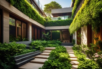 lush vibrant foliage cascading over sleek modern terraces surrounded greenery nature, plants, leaves, garden, outdoor, design, landscape, architecture