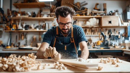 Man in a workshop wearing glasses and an apron, concentrating on woodworking using a hand tool with wooden shavings and tools in the background.