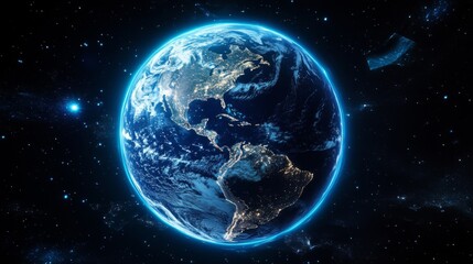 Fototapeta premium Earth from space at night with a blue glow around the planet.