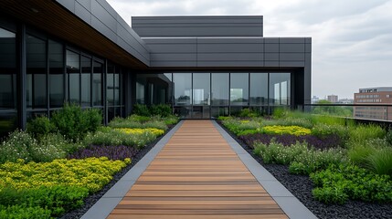 Rooftop garden with wooden pathway leading to a modern building