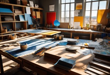 detailed blueprints creative sketches spread across workspace tools materials design planning, architecture, drawing, layout, project, drafting, art