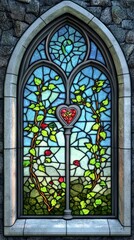 Vibrant Art Nouveau Stained Glass Window with Lush Vines and Plants. Creative Abstract Pattern for Marketing Backgrounds, Cultural Inclusivity, and Decorative Web Design. Dreamy 4K High-Resolution Wal