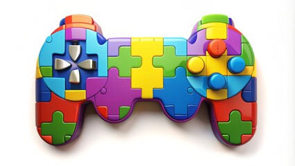 Colorful puzzle pieces forming a game controller icon, symbolizing fun and challenge, with a bold and modern design on a white background.