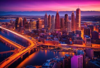 Fototapeta premium vibrant city skyline sunset illuminated dazzling lights reflecting evening sky, aesthetic, architecture, beautiful, breathtaking, bright, captivating