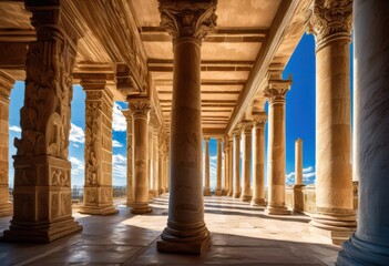 Fototapeta premium timeless architectural columns standing majestically vivid blue sky fluffy white clouds, skyline, formations, design, structure, historic, architecture
