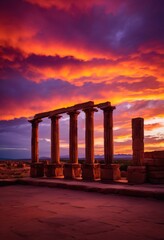 Naklejka premium majestic columns silhouetted vibrant sunset sky glowing hues purple creating breathtaking visual experience, backdrop, orange, pink, architecture, landscape