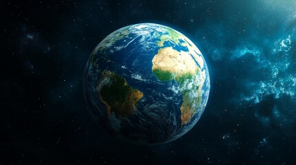 Obraz premium Earth, a blue planet in the vastness of space, with continents, oceans, and clouds, against a backdrop of twinkling stars.
