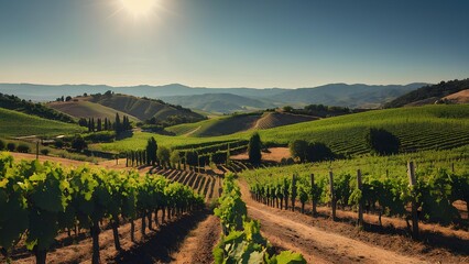 Fototapeta premium A tranquil vineyard bathed in sunlight, with lush grapevines and a beautiful, open landscape, inviting a sense of peace and freedom.