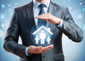 Confident businessman shields family with protective gesture, surrounded by life, health, and house insurance icons, symbolizing security and peace of mind in family life insurance policies.