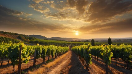 Naklejka premium A peaceful vineyard under a bright sun, with endless rows of grapevines and a scenic landscape, perfect for relaxation and open space.