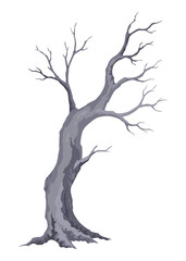 Old dead tree. Hand draw leafless trunk. Winter or autumn season plants icon, dry naked branch silhouette. Nature ecology problems concept. Isolated illustration