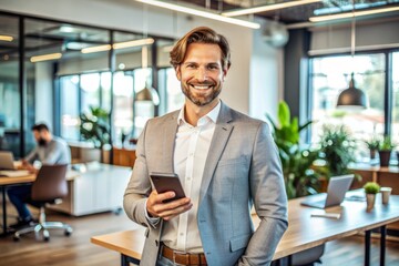 Fototapeta premium Confident entrepreneur stands in office, holding mobile phone, beaming with joy, gaze fixed on camera, epitomizing modern workplace productivity and technology integration.