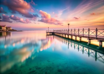 Obraz premium peaceful morning Balluta Bay soft pink hues calm turquoise water symmetrical composition reflections pier lines minimalism serene atmosphere gentle ripples