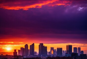 Fototapeta premium stunning vibrant sunset casting colorful hues over modern urban skyline silhouette reflective glass facades, city, buildings, architecture, evening, horizon