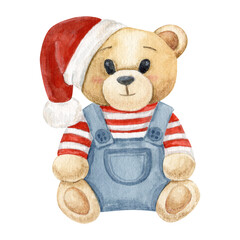 Watercolor illustration with Teddy Bear in a red cap, Merry Christmas, hand-drawn