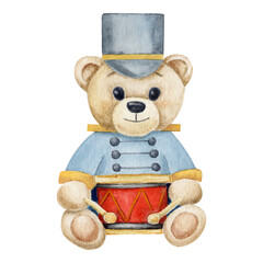 Watercolor illustration with Teddy Bear in blue shape with red drum, Merry Christmas, hand-drawn