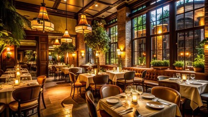 Cozy upscale bistro in Manhattan's vibrant nightlife district, dimly lit with warm golden lighting, rich wood accents, and elegant white table settings.