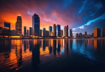 Fototapeta premium vibrant urban skyline dusk glowing lights creating stunning cityscape filled colorful reflections dynamic architectural designs, architecture, buildings, evening