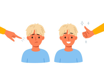 Different approaches to raising child, and use of praise or blame in form of gestures. Process of raising boy who loves positive attitude and gets upset because of reproaches that violate child psyche