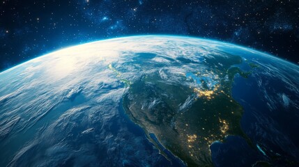 Obraz premium A stunning view of Earth from space, showcasing North America at night with bright city lights.