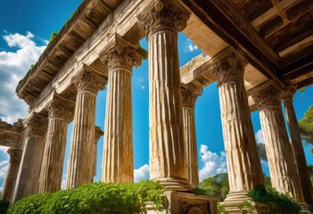 Obraz premium majestic columns standing tall under vibrant azure sky fluffy white clouds bright sunshine, architecture, structure, outdoor, beauty, nature, design