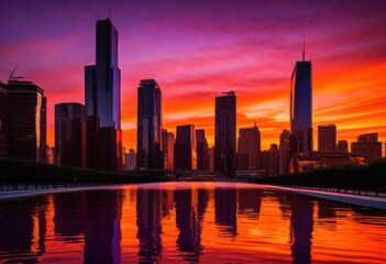 Fototapeta premium vibrant urban landscapes showcasing stunning skyline silhouettes colorful sunsets dynamic cityscapes, buildings, architecture, night, lights, horizon