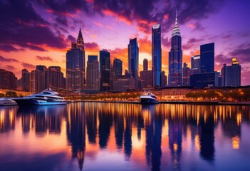Fototapeta premium stunning urban skyline dusk vibrant illuminated lights showcasing colorful cityscape, illumination, architecture, buildings, evening, horizon, reflections