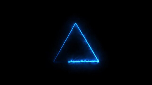 Abstract Neon glowing fire triangle icon motion concept animation, on black background.