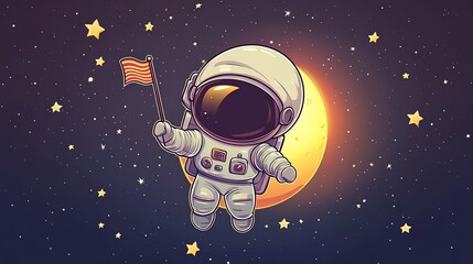 Cartoon Astronaut Holding a Flag in Space