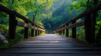 Obraz premium A serene wooden bridge leading into a lush green forest with sunlight filtering through the trees. The peaceful nature scene is ideal for concepts of tranquility and escape.
