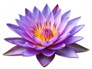Fototapeta premium Delicate purple water lily flower blooms in serene isolation on a pure white background, accentuating its intricate beauty and tranquility.