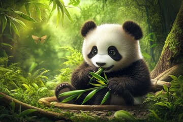 Fototapeta premium Cute Panda Cub Eating Bamboo in a Lush Green Forest
