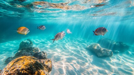 Obraz premium Imagine a swim in a turquoise lagoon, the water so clear you can see the sandy bottom and the marine life below.