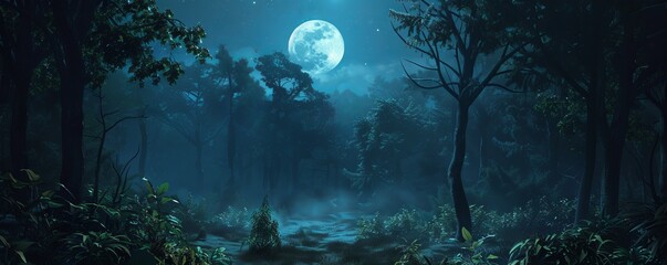Fototapeta premium Night scene in a moonlit forest, 4K hyperrealistic photo
