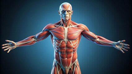 Obraz premium Detailed illustration of the human muscular system, showcasing intricate network of muscles, tendons, and ligaments in the body's skeletal framework.