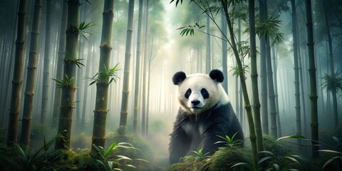 Mysterious fog enveloping panda bear and bamboo forest with muted earthy tones and eerie silence