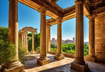 Fototapeta premium majestic columns framing serene urban landscape lush greenery clear skies, architecture, skyline, city, structure, outdoor, design, beauty, environment