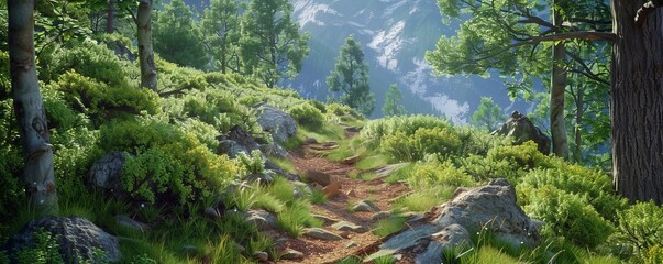 Hiking through a scenic trail, 4K hyperrealistic photo