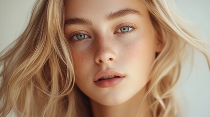 Young woman with blonde hair and green eyes poses for a close-up portrait in soft natural light at a serene indoor setting