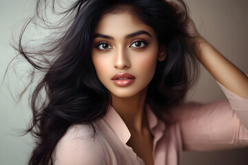 Fototapeta premium Young beautiful Indian woman with long hair style