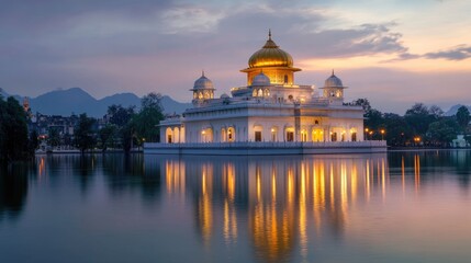 Fototapeta premium Sacred Sikh gurdwara with its golden dome illuminated by the soft light of evening, surrounded by peaceful waters and gardens