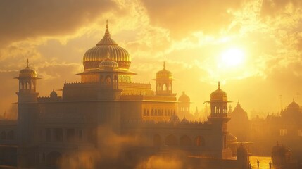 Sacred Sikh gurdwaras golden dome bathed in morning light, symbolizing purity, spirituality, and divine grace
