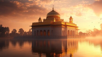 Obraz premium Sacred Sikh gurdwaras golden dome bathed in morning light, symbolizing purity, spirituality, and divine grace